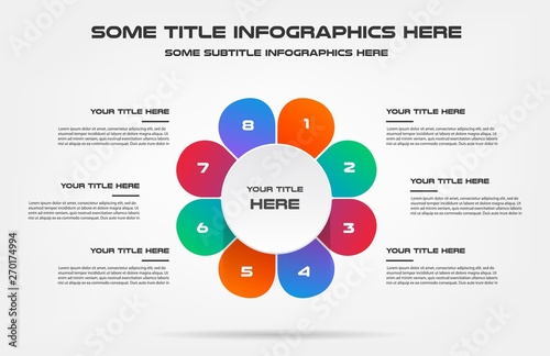 Pie chart of percentage infographics. Element of graph, diagram with 8 options - parts, processes, timeline. Vector business template for presentation, workflow layout, annual report