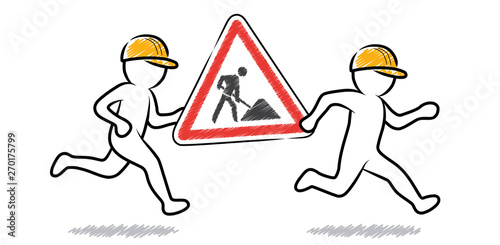 Zwei Bauarbeiter tragen laufend ein Baustellenschild / Schwarz-weiße Strichmännchen / Konturen Zeichnung