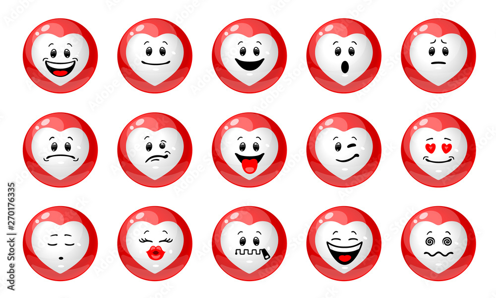 Vector set of love emoticons. Collection of red balls with white heart shapes with different emotions in cartoon style Vector set of love emoticons. Collection of red balls with white heart shapes with different emotions in cartoon style
