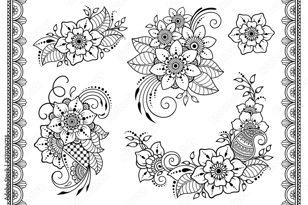 Set of Mehndi flower pattern and seamless border for Henna drawing and tattoo. Decoration in ethnic oriental, Indian style. Doodle ornament. Outline hand draw vector illustration.