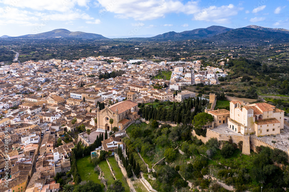 Aerial view, Arta with Parish Church of Transfiguracio del Senyor and Santuari de Sant Salvador Monastery on Calvary, Mallorca, Balearic Islands, Spain, Europe