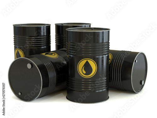 Petrol, oil, fuel, black barrels with oil drop symbol 3d rendering