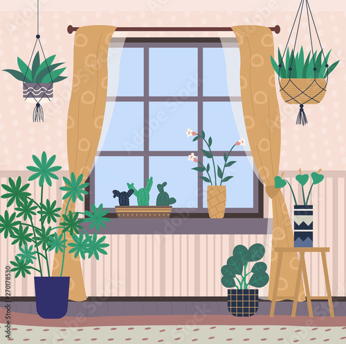 Greenhouse with plants on shelves vector, room interior filled with flora in pots. Window with curtains, bright space for flowers, orangery conservatory © robu_s