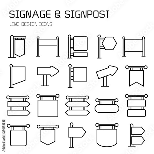 signpost, billboard, signage and road sign line icons