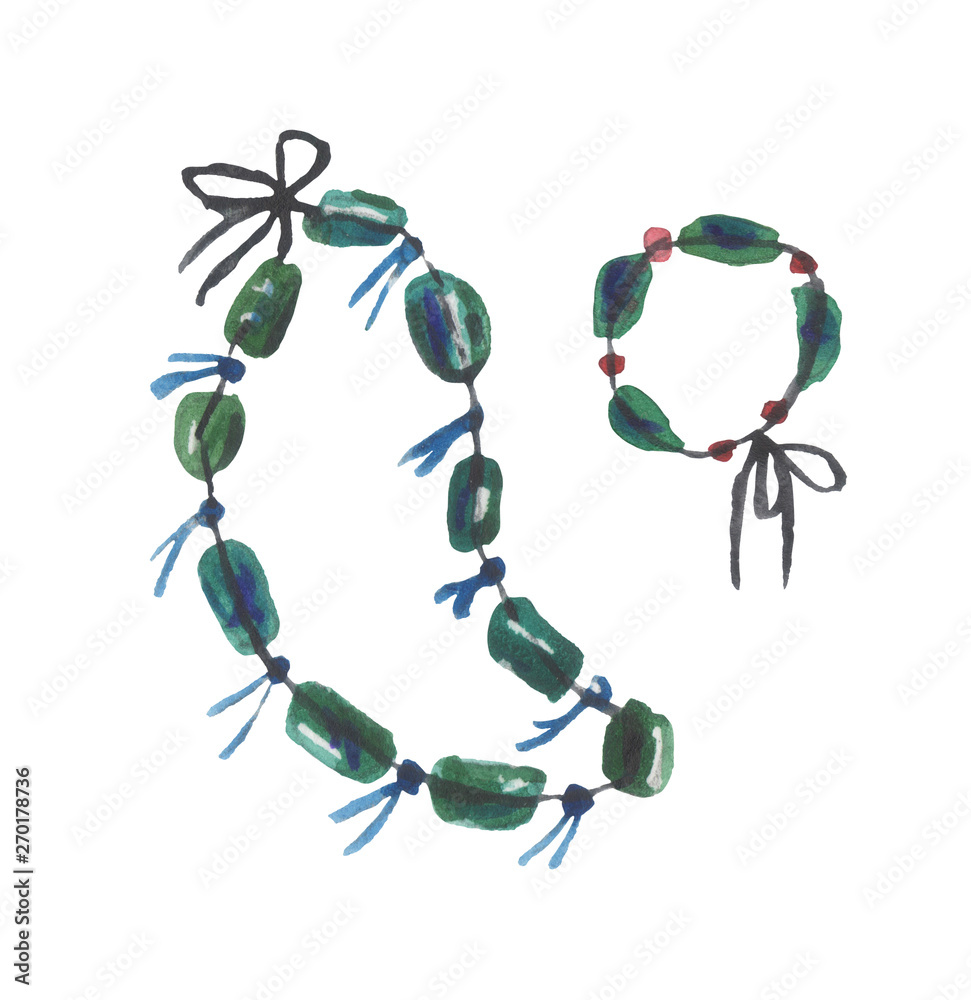 Watercolor set of a pair of necklaces of jewelry on a white background for design compositions on the theme of summer vacations, travel. Watercolor set of a pair of necklaces of jewelry on a white background for design compositions on the theme of summer vacations, travel.