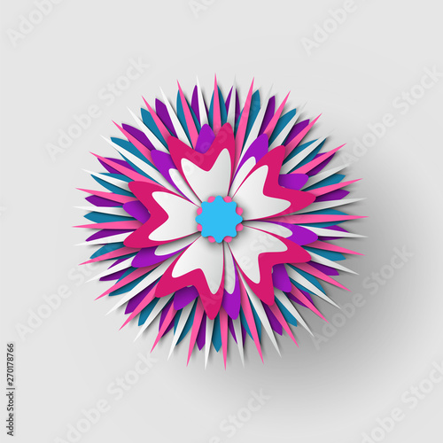 Paper cut origami of flower, colorful blossom ornament with shadow, 3d view of floral symbol, greeting or poster decorated by bouquet, festive vector