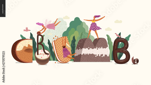 Dessert font - modern flat vector concept digital illustration of temptation font, sweet lettering and girls. Caramel, toffee, biscuit, waffle, cookie, cream and chocolate letters. Lettering Crumb