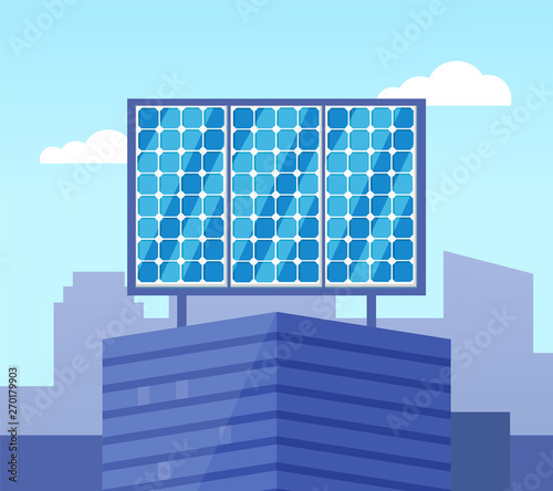 Solar powered blue building in flat style, glossy view of eco equipment on building roof, alternative electric generator, ecological collector vector