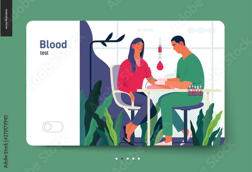 Medical tests template - blood test - modern flat vector concept digital illustration of blood test procedure - a patient and doctor with a syringe and test tubes, the medical office or laboratory