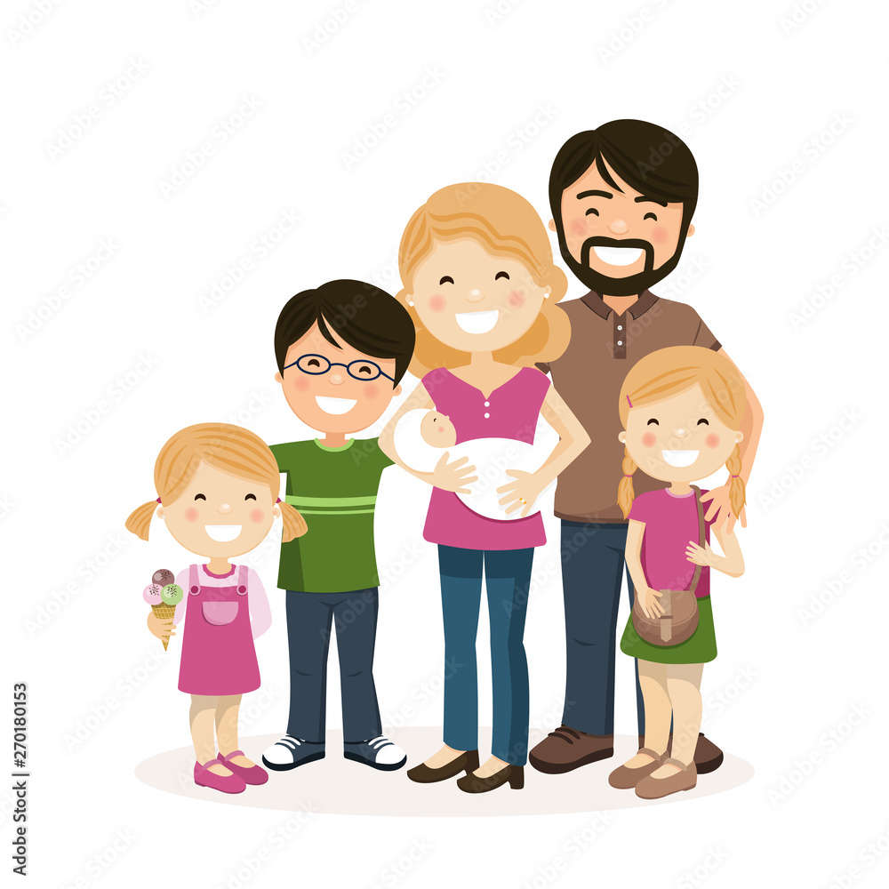 Happy family with parents, three children and babyborn
