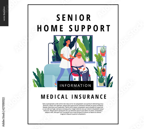 Medical insurance - senior home support - modern flat vector concept digital illustration -a nurse rolling a wheel chair with a senior patient at his home. Home medical service, part of insurance plan