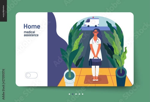 Medical insurance template -home medical assistance -modern flat vector concept digital illustration -nurse standing at the private residence entrance door Home medical service, part of insurance plan