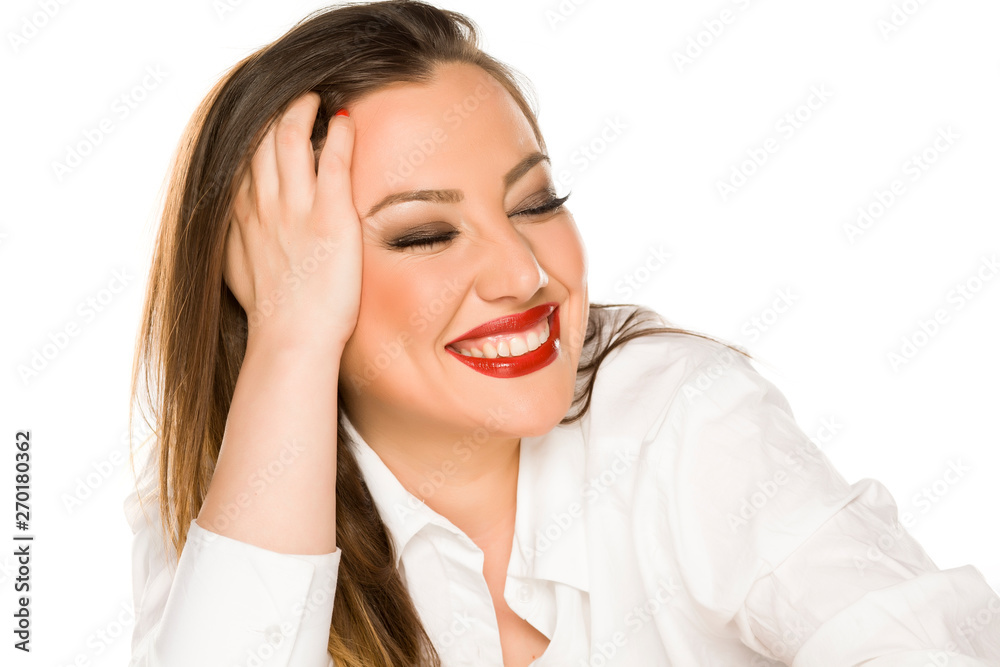 Portrait of beautiful happy woman and long hair on white background Portrait of beautiful happy woman and long hair on white background