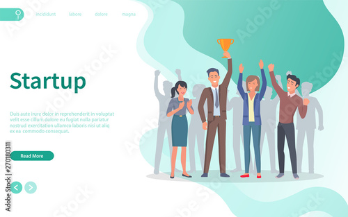 Startup team celebration of business success and excellence vector. People, prize gold cup in hands of leader of start up project, employer with employees, achievement and triumph. Website flat style