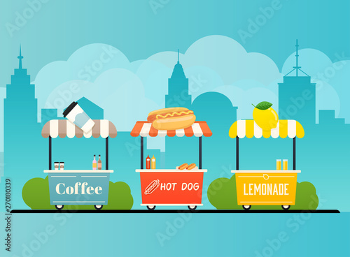 Street food cart. Urban landscape. Flat design modern vector illustration concept.