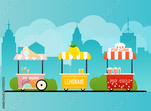 Street food cart. Urban landscape. Flat design modern vector illustration concept.