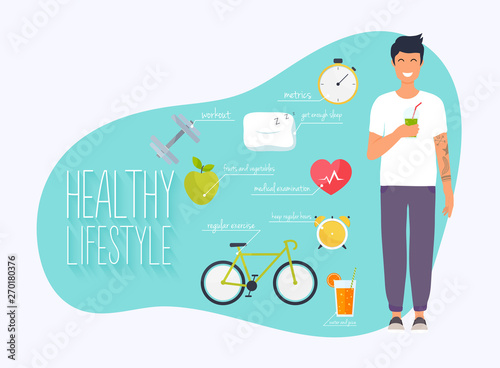 Concept of healthy lifestyle infographics. Young man lead a healthy lifestyle. Icons for web: fitness, healthy food and metrics. Flat design vector illustration. - Vector