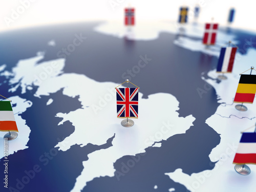 Flag of United Kingdom in focus among other European countries flags. Europe marked with table flags 3d rendering photo