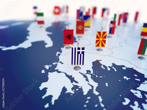 Flag of Greece in focus among other European countries flags. Europe marked with table flags 3d rendering