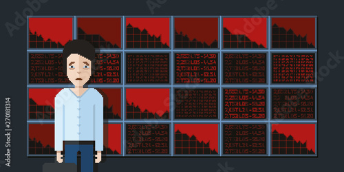 Sad broker on stock exchange background, pixel art video game style illustration