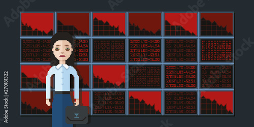 Woman broker and bankruptcy, pixel art style illustration
