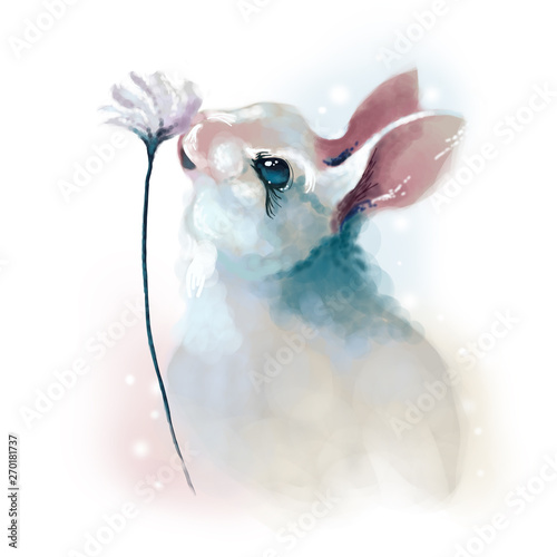 Cute rabbit with a flower. Beautiful and gentle illustration.