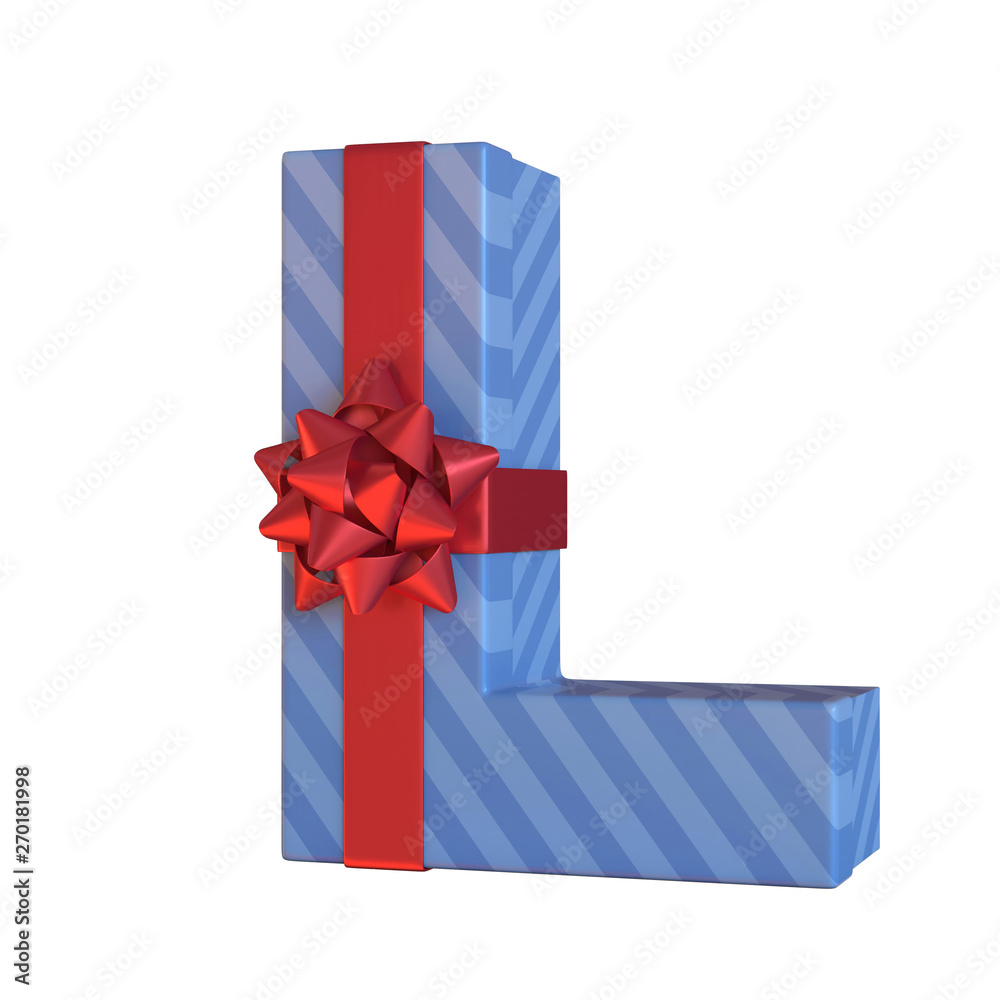 Fototapeta premium Gift box with red ribbon bow 3d font, present alphabet, letter L