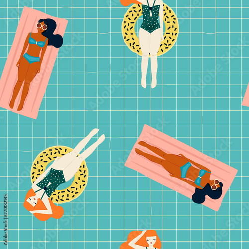 Seamless pattern with swimming women. Summer fashion print. Vector hand drawn illustration.