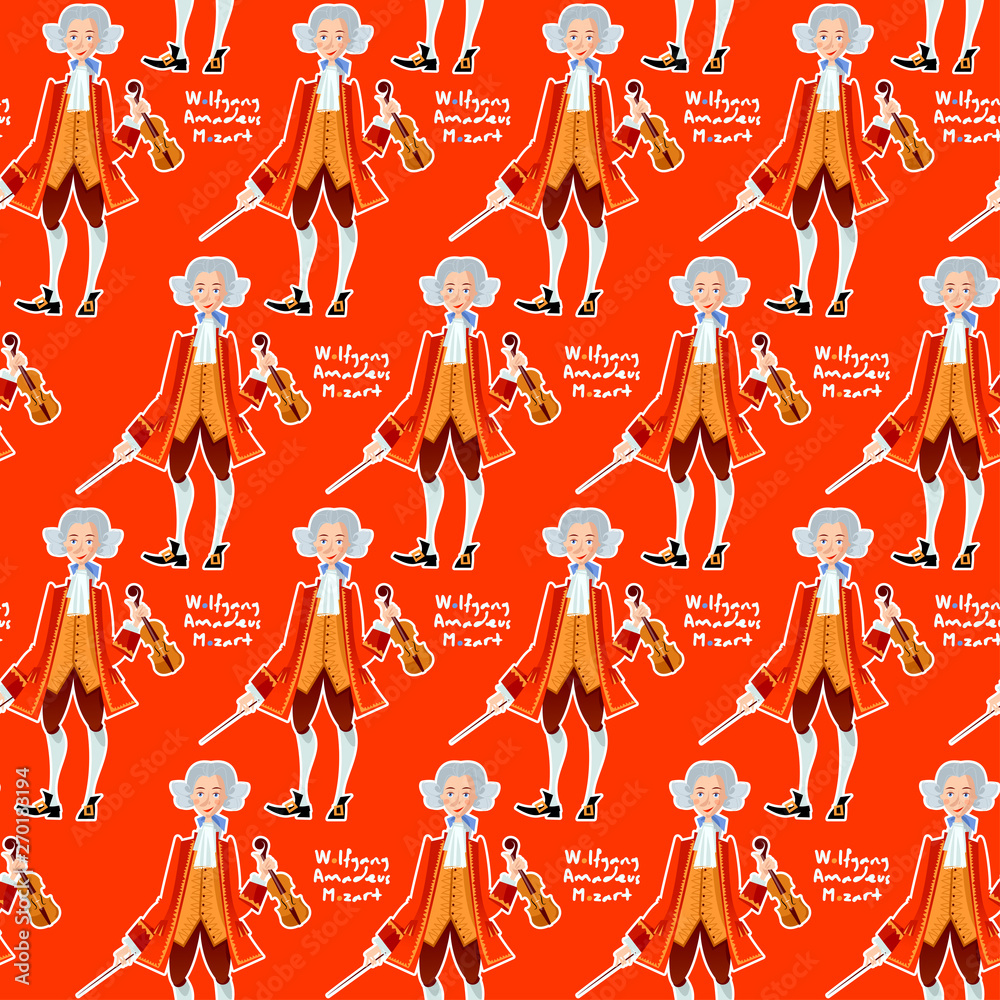 Little Wolfgang Amadeus Mozart with violin. Famous people. Seamless background pattern.