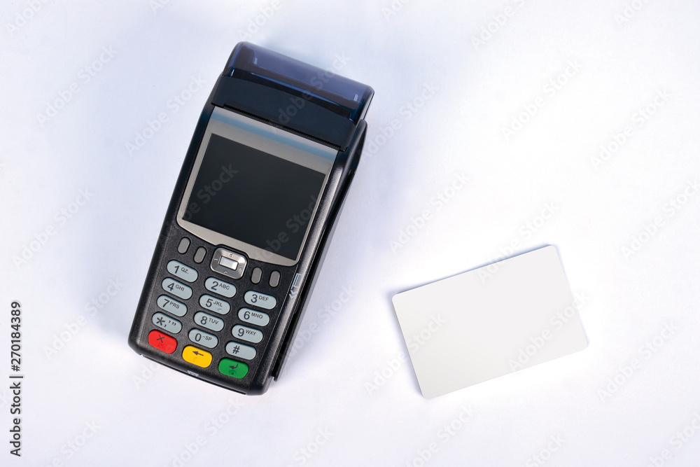 Contactless POS Payment GPRS Terminal with Credit Card, isolated on white Contactless POS Payment GPRS Terminal with Credit Card, isolated on white