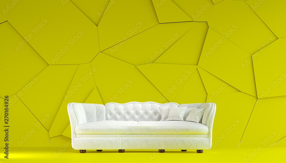 Modern white fabric sofa chesterfield style in lemon yellow room interior with structured cracked wall. 3d render Modern white fabric sofa chesterfield style in lemon yellow room interior with structured cracked wall. 3d render