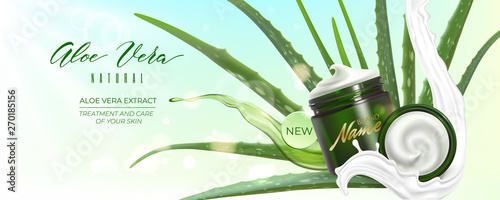 Design advertising poster of cosmetic product for catalog, magazine. Design of cosmetic package with aloe vera plant and water splash.Moisturizing cream, gel, body lotion with aloe vera extract.