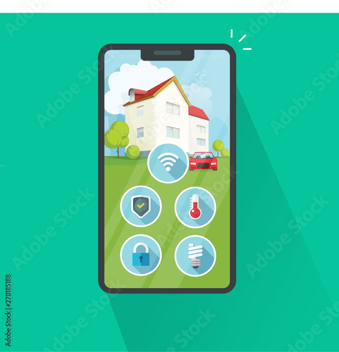 Smart home on cell phone vector illustration, flat cartoon protection and security remote control technology for house via cellphone or smartphone isolated clipart
