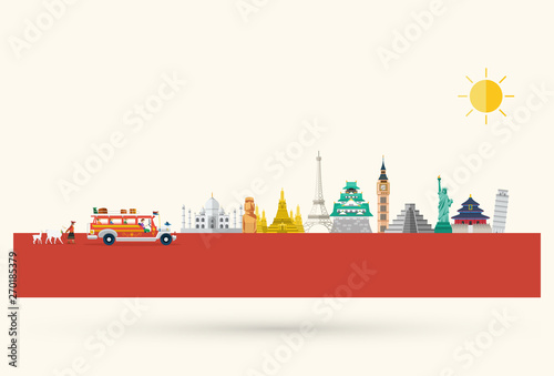 Flat design, Illustration of World landmarks such as Taj Mahal, Liberty Statue, Castle, Wat Arun Temple, Pagoda, Big Ben, Eifel