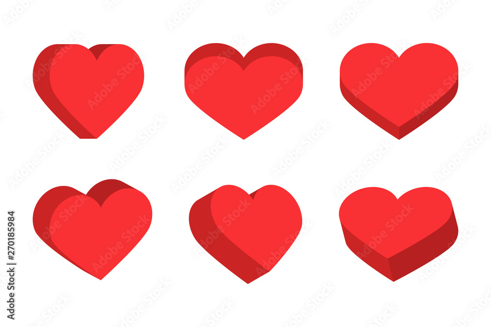 Red isometric hearts icon set, love symbol vector illustration