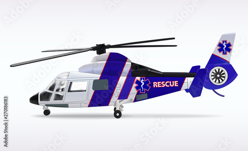Ambulance helicopter. Medical sanitary aviation. Transport air rescue service. White and blue fuselage. Vector illustration.