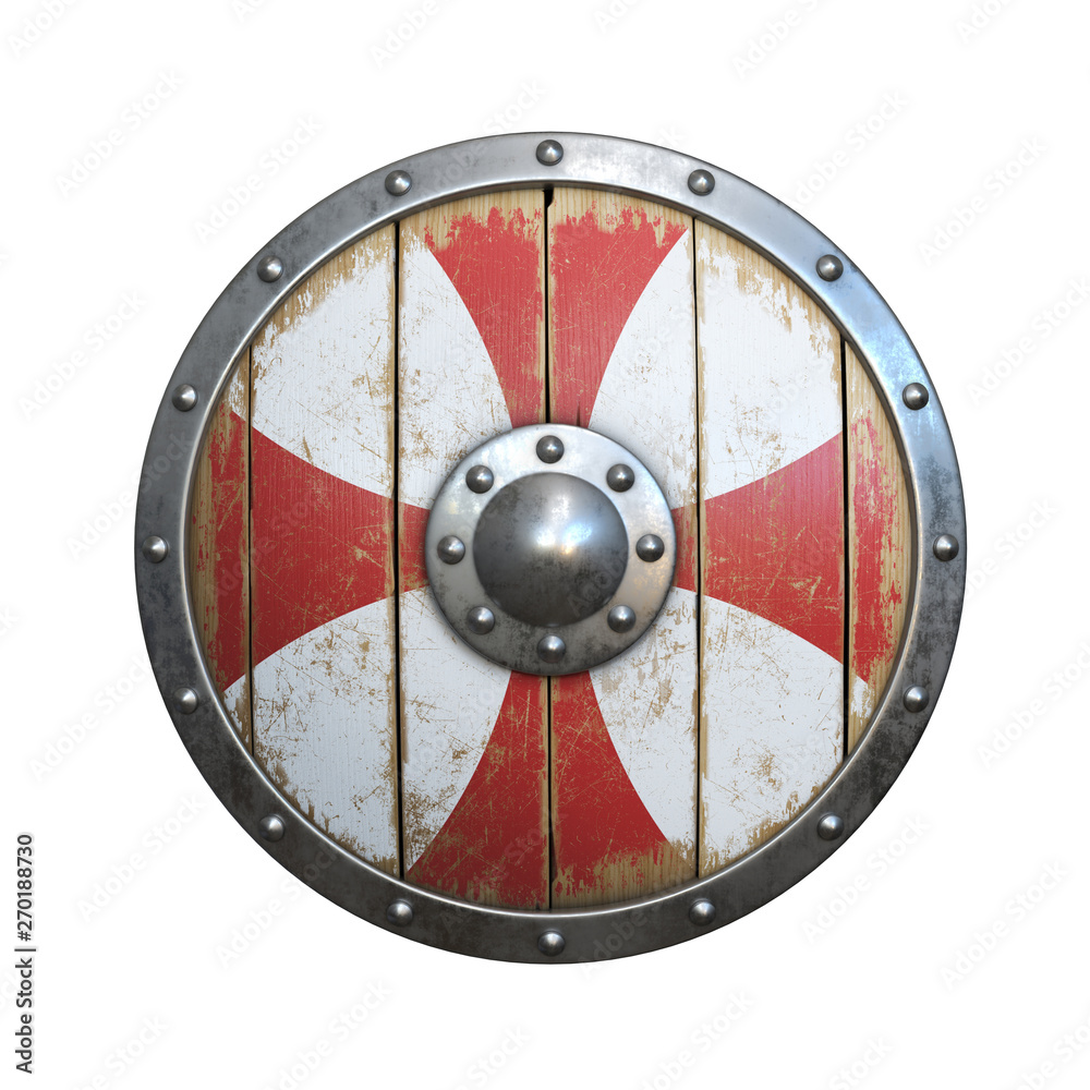Wooden medieval round shield, viking shield painted, isolated on white