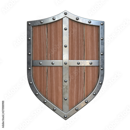 Wooden medieval shield, viking shield painted red and white, isolated on white background, 3d rendering