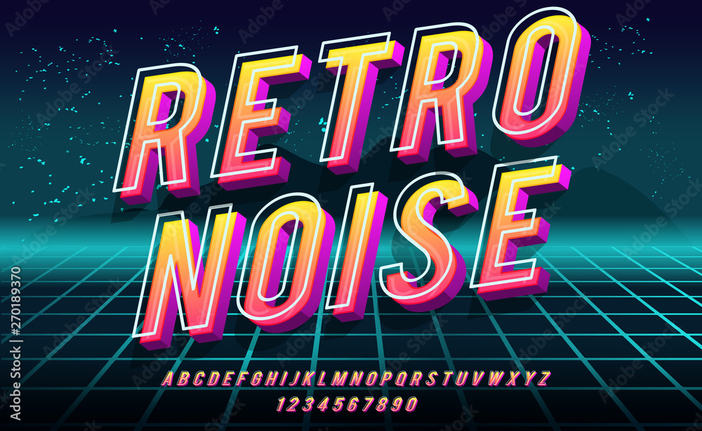 Retro Noise. 3D bold font in 1980s style. Illustration of 1980 retro neon poster. Futuristic landscape.