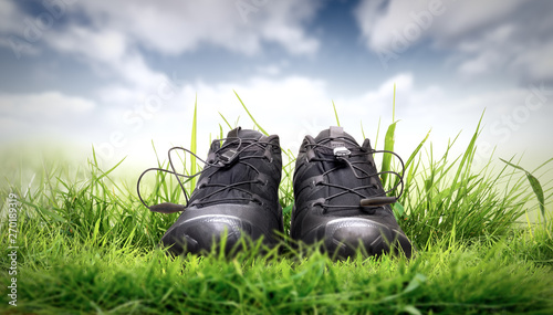 Obraz na plátně A pair of black trainers, sport shoes on lush green grass with a summer blue sky and white cloud background