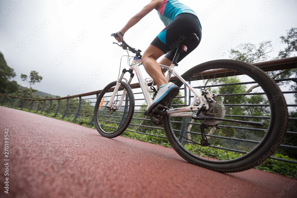 Woman cyclist riding mountain bike on forest trail Woman cyclist riding mountain bike on forest trail