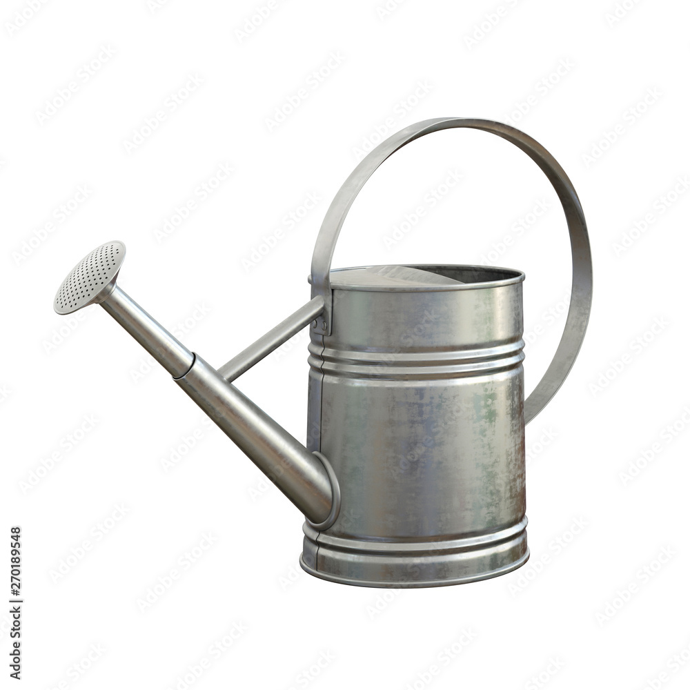Watering can, shiny aluminum gardening tool isolated on white background 3d rendering Watering can, shiny aluminum gardening tool isolated on white background 3d rendering