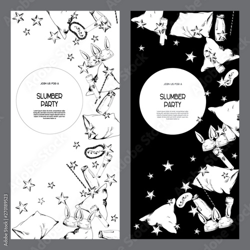 Good night pajama sleepover party invitations set, flyers kit, cards templates black and white