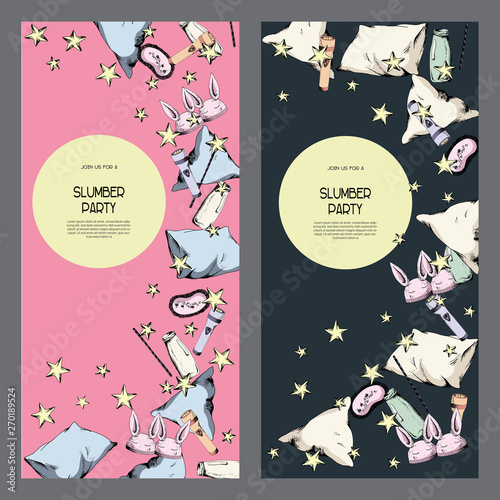 Bright good night pajama sleepover party invitations set, flyers kit, cards templates