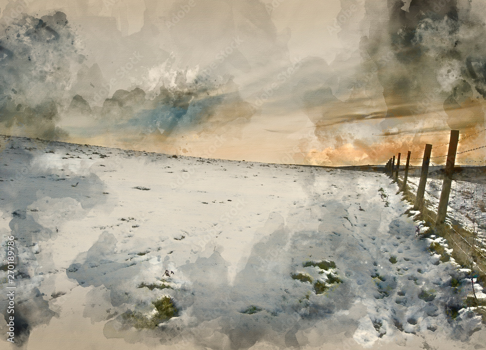 Fototapeta Watercolor painting of Winter snow landscape over fields with trees and glowing sunset