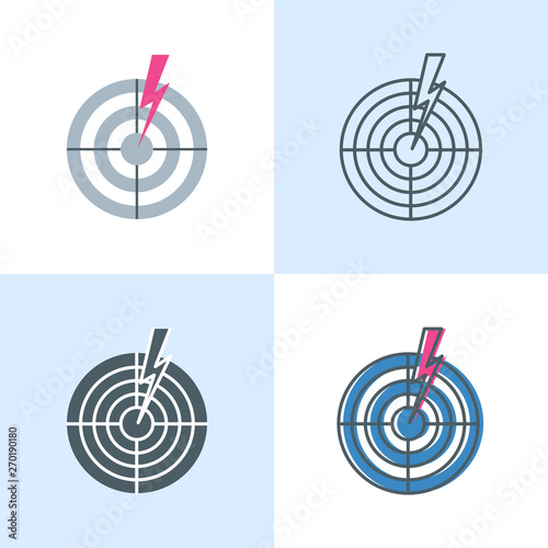 Lightning bolt hitting target icon set in flat and line style