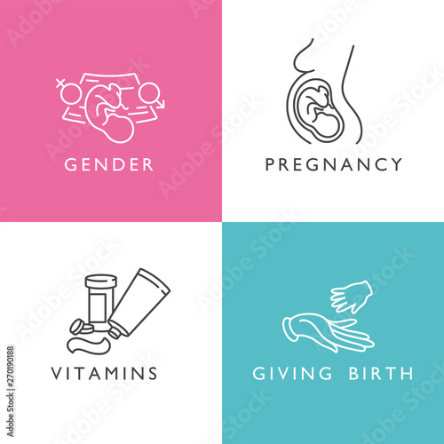 Vector set icons of obstetrics and pregnancy. Linear design for gender and pregnancy, vitamins age and giving birth. Simple icons.