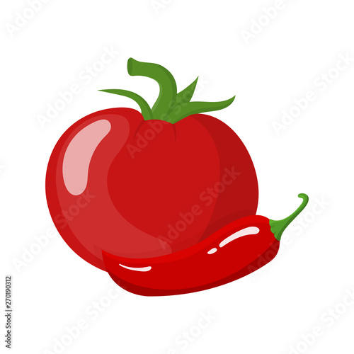 Fresh red tomato and chilli pepper isolated on white background. Vegetable icon for market, recipe design, logo. Organic food. Cartoon style. Vector illustration for design.