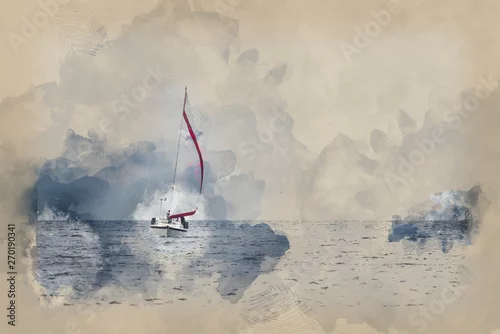 Obraz Akwarela malarstwo Spokojny relaksujący obraz żaglówki w miękkim niebieskim niebie z czerwonym żaglem szczegółem