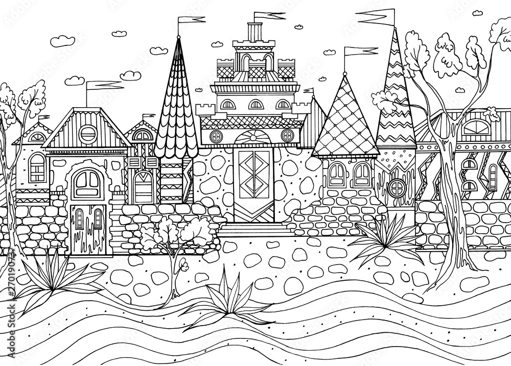 coloring fairy castles, houses and trees for children and adults hand-drawn in black ink with fine details on an isolated white background, a series of anti-stress for creativity